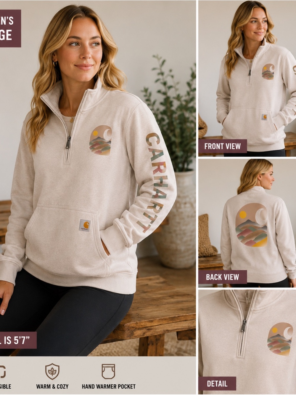 Carhartt women’s large half zip up like new cream color big logo